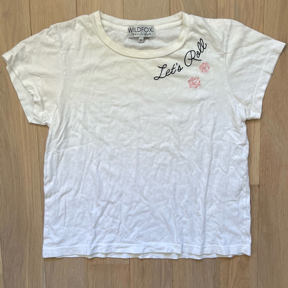 Wildfox White Tee with 'Let's Roll' Script and Pink Dice
